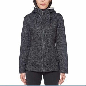 1 MADISON Women Knit Jacket With Faux Fur Hood--Black Tweed